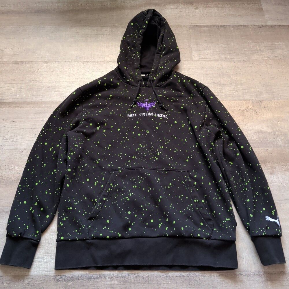 ​Puma LaMelo Ball Not From Here Hoodie Black Neon Green Splatter Speckle Men's M